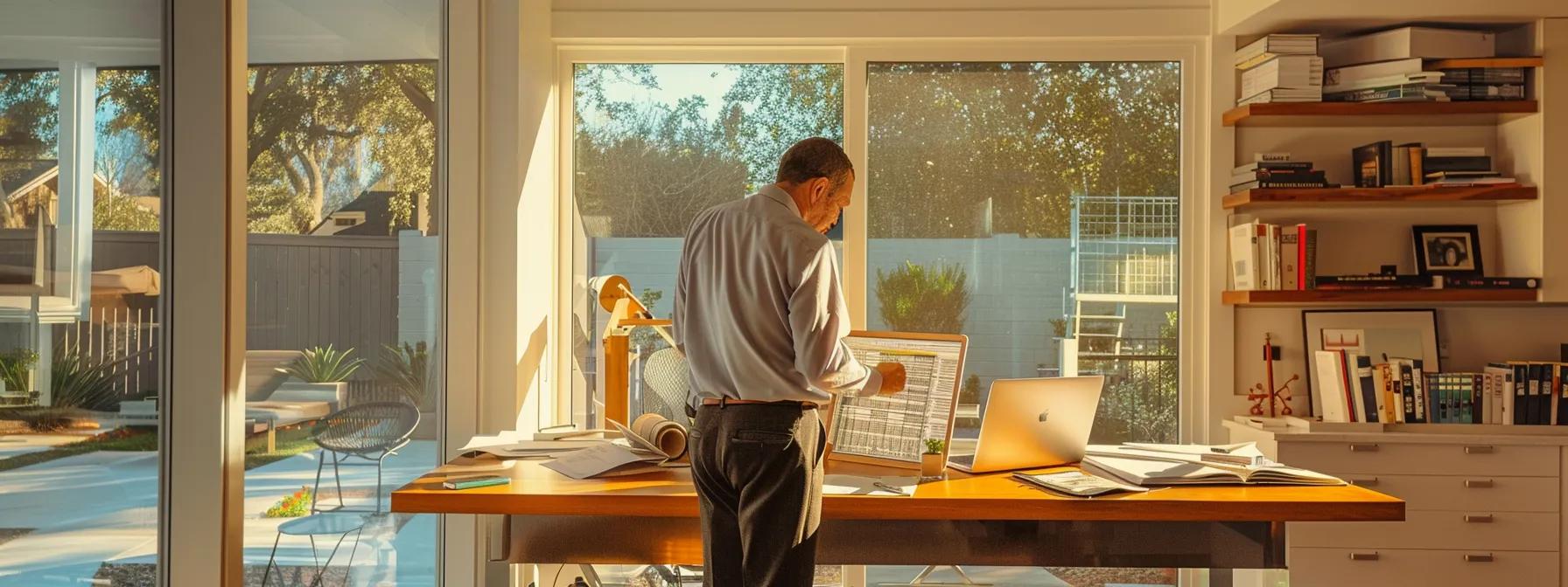 a focused homeowner stands in a modern, sleek home office, reviewing a detailed budget spreadsheet on a laptop while discussing project plans with a contractor, surrounded by architectural blueprints and design samples, emphasizing the importance of active budget management during a home addition.