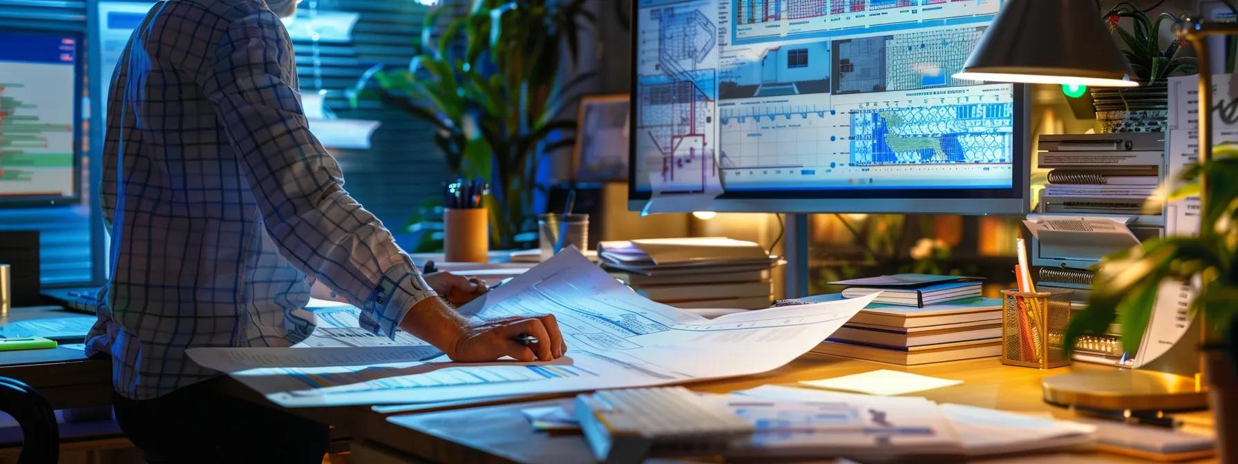a focused office setting features a professional examining a meticulously detailed blueprint for a home addition, surrounded by stacks of documents and a large digital screen displaying a projected budget analysis, highlighting the serious implications of hidden costs.