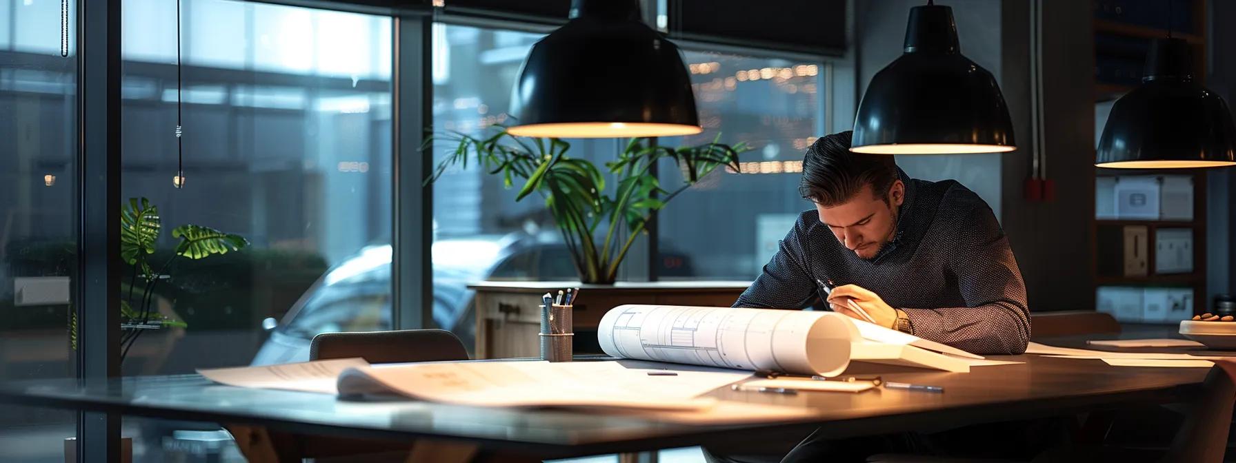 a focused office setting features a professional examining blueprints and building permits spread across a sleek conference table, illuminated by bright overhead lights, emphasizing the importance of compliance and planning in new york city's renovation process.