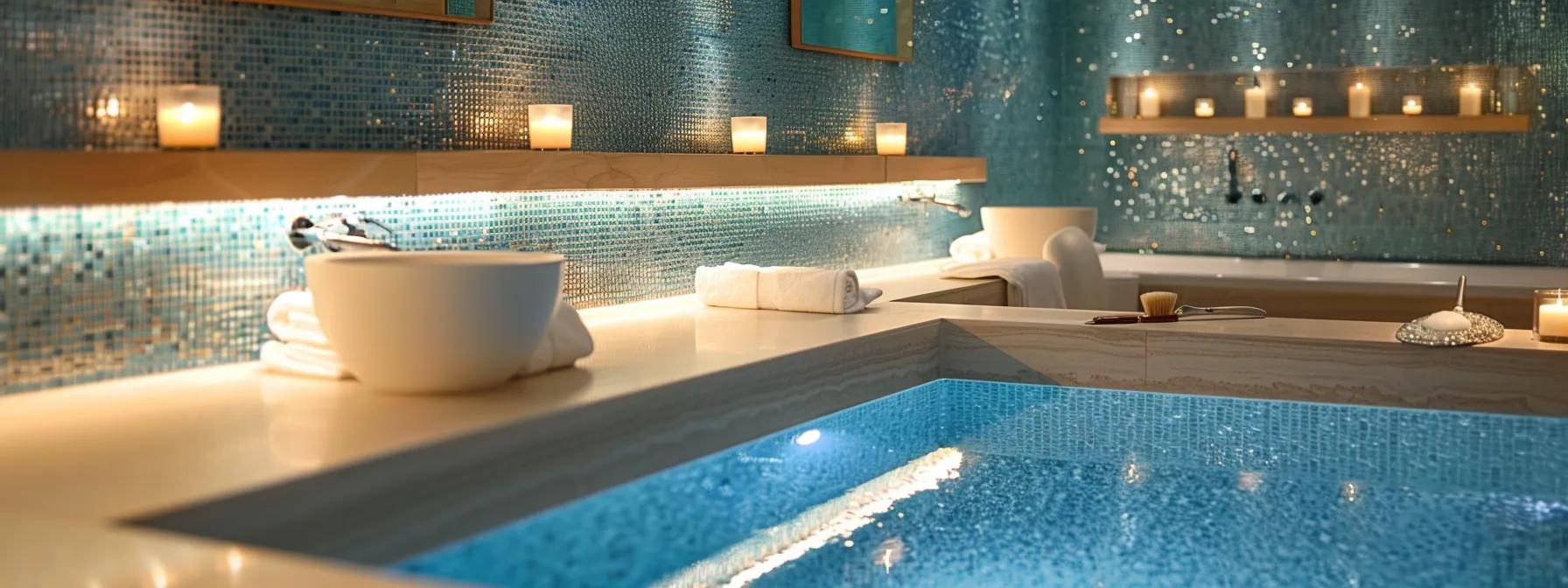a luxurious bathroom featuring elegant fixtures and walls adorned with shimmering recycled glass tiles, highlighted by ambient lighting that enhances the artistry of sustainable design.