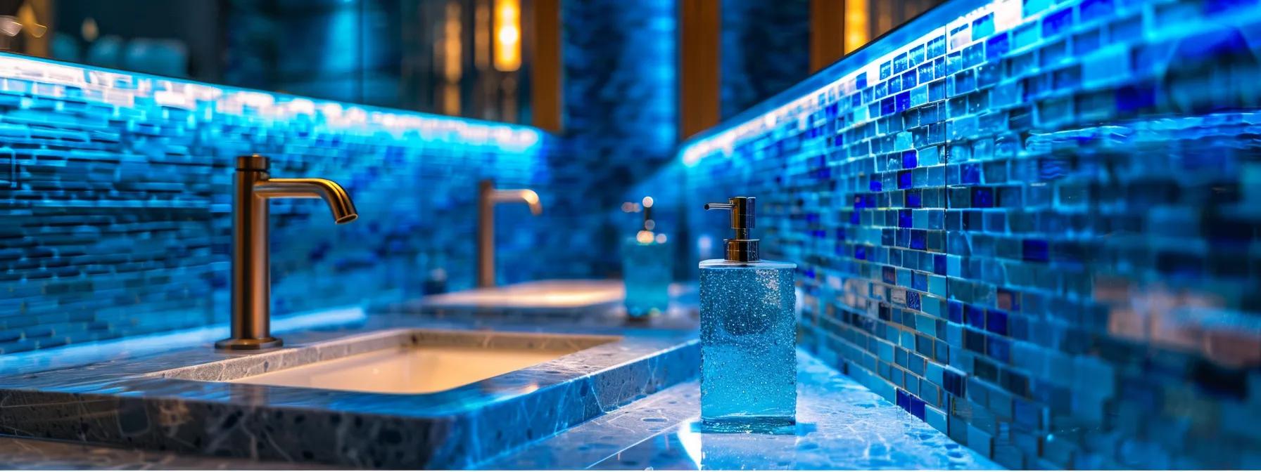 a luxurious bathroom showcases sleek recycled glass fixtures and vibrant tiles, reflecting a modern aesthetic with elegant lighting highlighting their unique textures and colors.