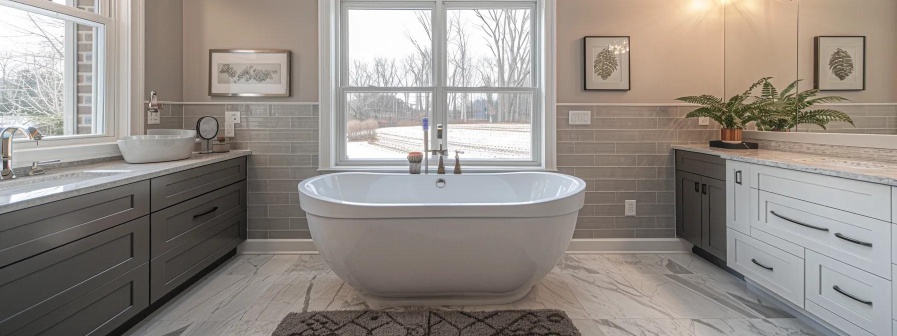 a meticulously designed modern bathroom renovation showcases elegant high-end materials and sleek fixtures, with a thoughtful balance of functionality and aesthetic appeal that highlights the meticulous planning behind cost-effective luxury.