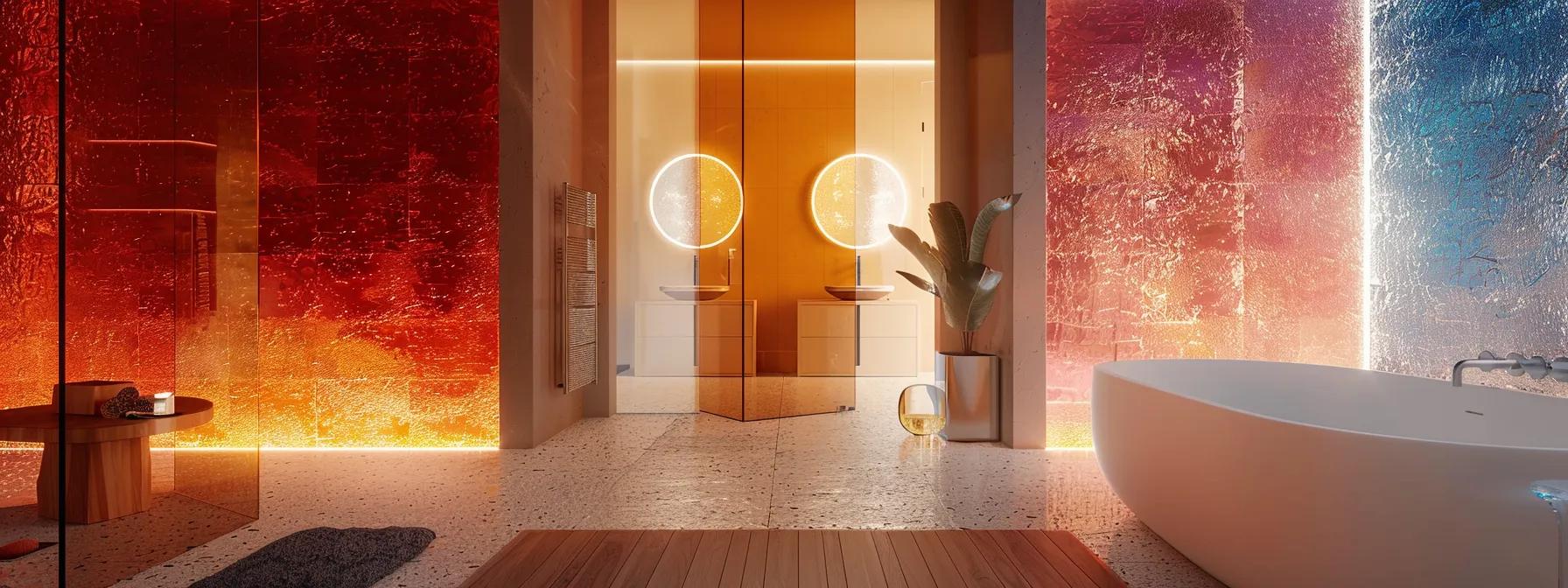 a modern bathroom interior features striking recycled glass elements, showcasing a vibrant blend of colors and textures, with sleek fixtures and elegant lighting that emphasizes its eco-friendly aesthetic and innovative design.