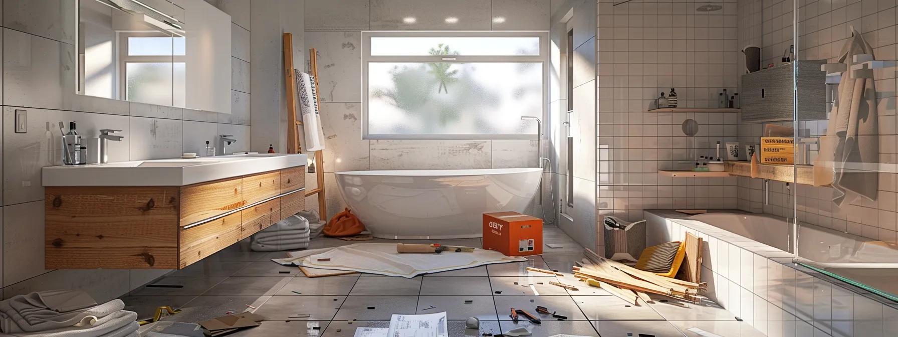 a modern bathroom mid-remodel showcases an unexpected burst of bright light reflecting off shiny tiles, paired with a partially dismantled vanity and scattered plans, capturing the essence of surprise costs in home renovation.