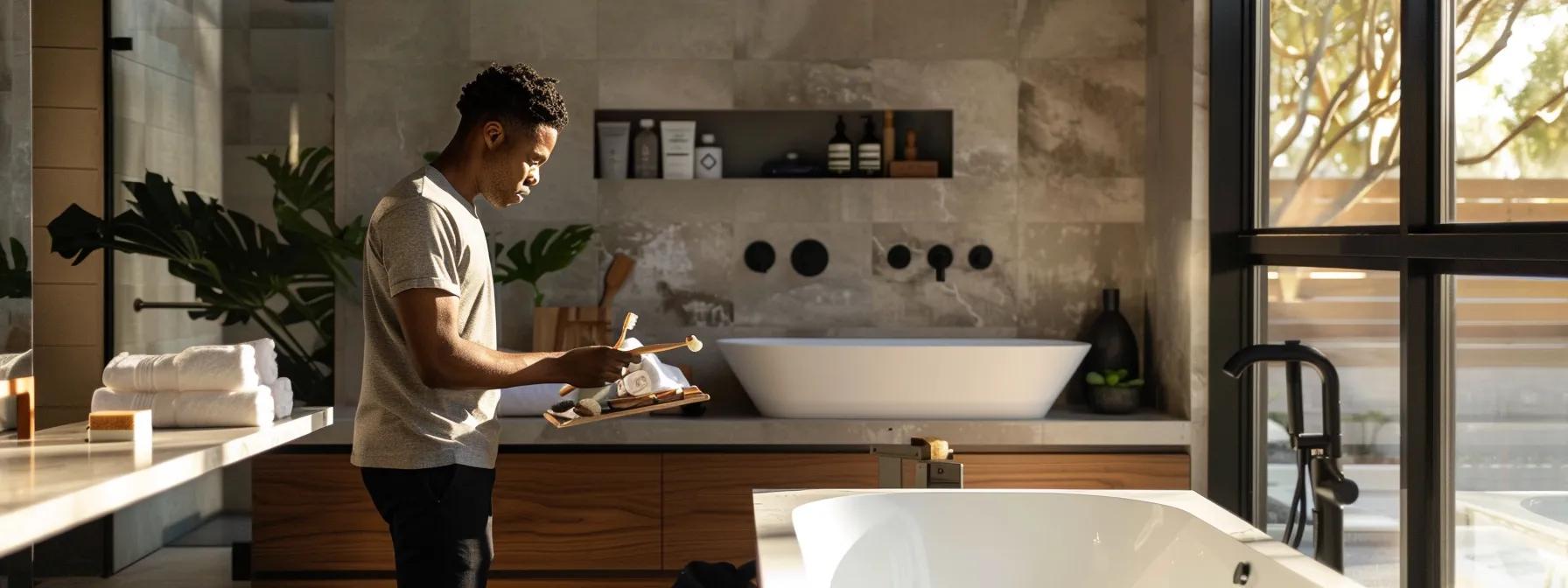 a modern bathroom renovation scene showcases skilled tradespeople meticulously installing high-end fixtures and finishes in a sleek, contemporary setting, highlighting the intricate labor and attention to detail involved in the upgrade.