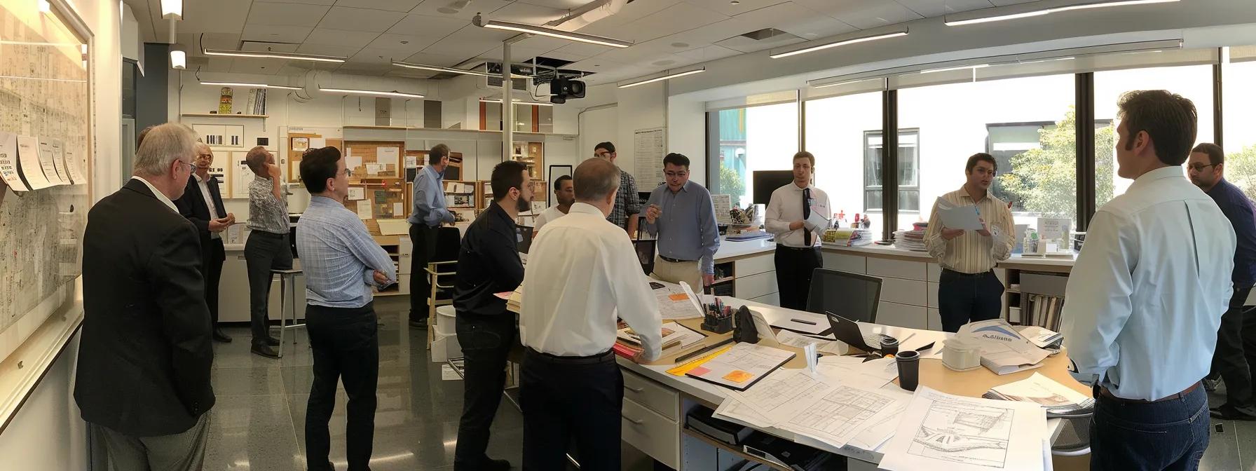 a modern, bustling nyc office filled with architects and contractors engaged in a heated discussion over blueprints and renovation plans, highlighting the importance of building permits for major home renovations.