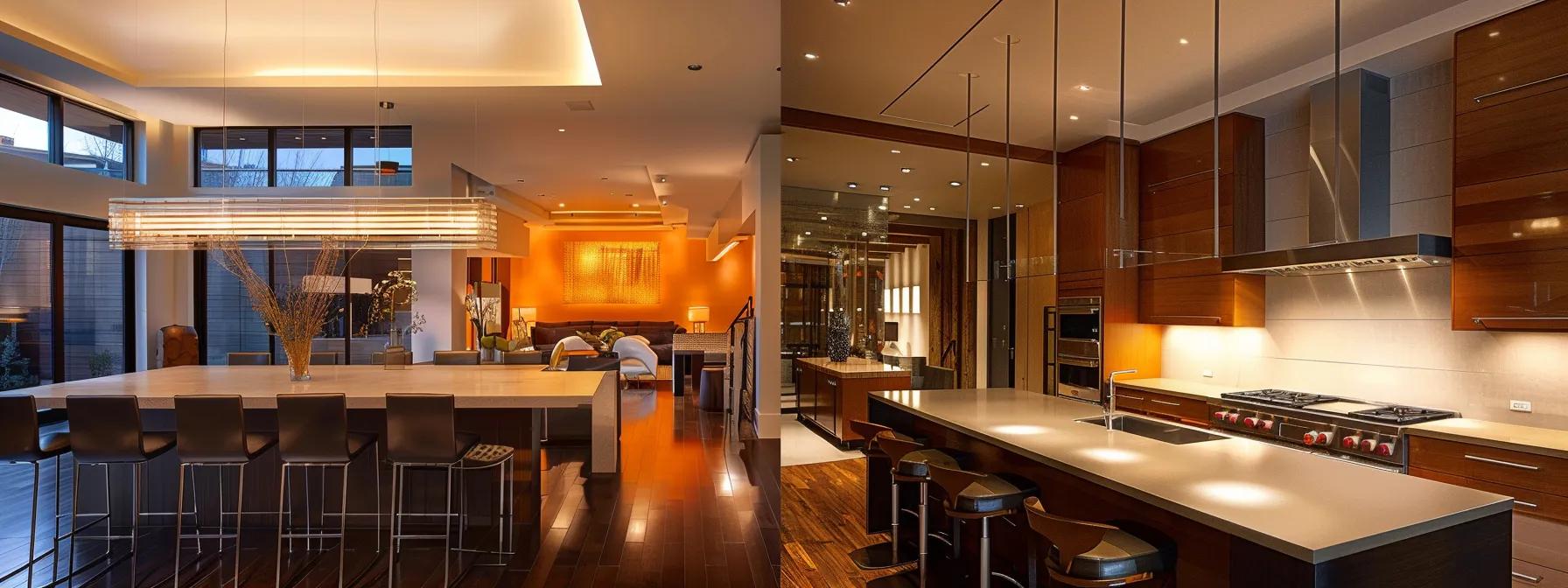a modern kitchen adorned with eco-friendly colors, featuring sustainable materials and sleek, minimalist design elements, all illuminated by warm, inviting artificial lighting to highlight its contemporary aesthetic.