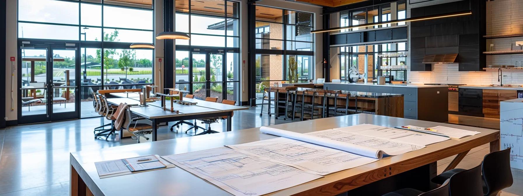 a modern office space is filled with blueprints and detailed contractor quotes spread across a sleek conference table, highlighting a focused discussion among professionals as they address budget management and scope clarity for a home addition project.