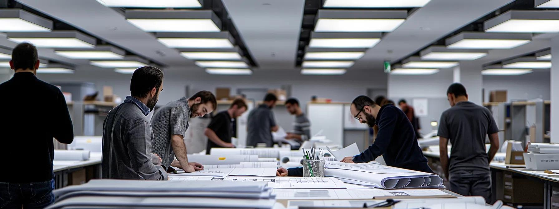 a modern, sleek office conference room filled with architects examining detailed blueprints on a large table, illuminated by bright overhead lights that accentuate the plans for home additions, symbolizing strategic planning and transparency in avoiding hidden costs.