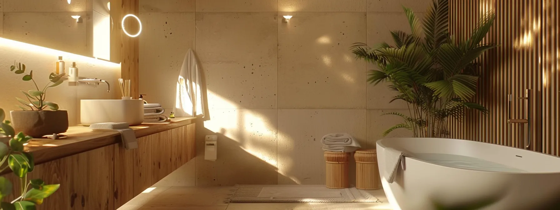 a modern, stylish bathroom displays an array of unique second-hand fixtures, showcasing sustainable options like a reclaimed bamboo cabinet and a sleek recycled vanity under warm, ambient lighting that emphasizes eco-friendly design.