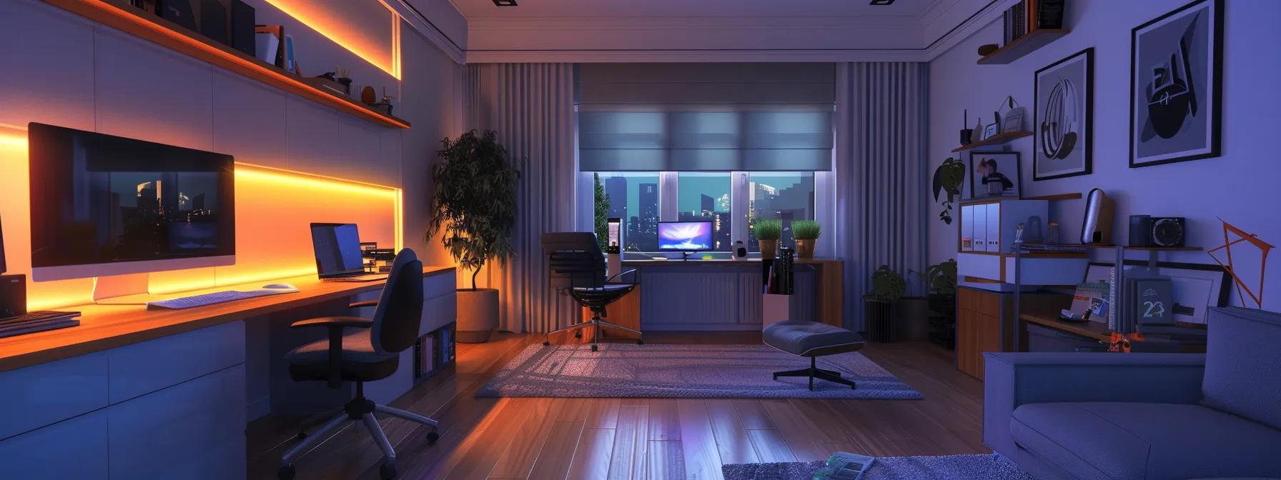 a modern, stylish home office designed with sleek furniture and efficient layout, showcasing purposeful use of space with bright lighting and clear organization to emphasize functionality and aesthetic appeal.