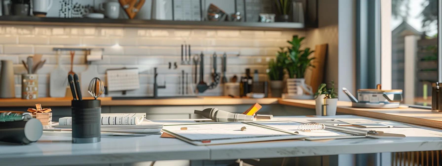 a modern, stylish kitchen with prominent display of renovation materials, budget spreadsheets scattered across a sleek countertop, and tools neatly arranged, conveying the dynamic process of planning a kitchen remodel.