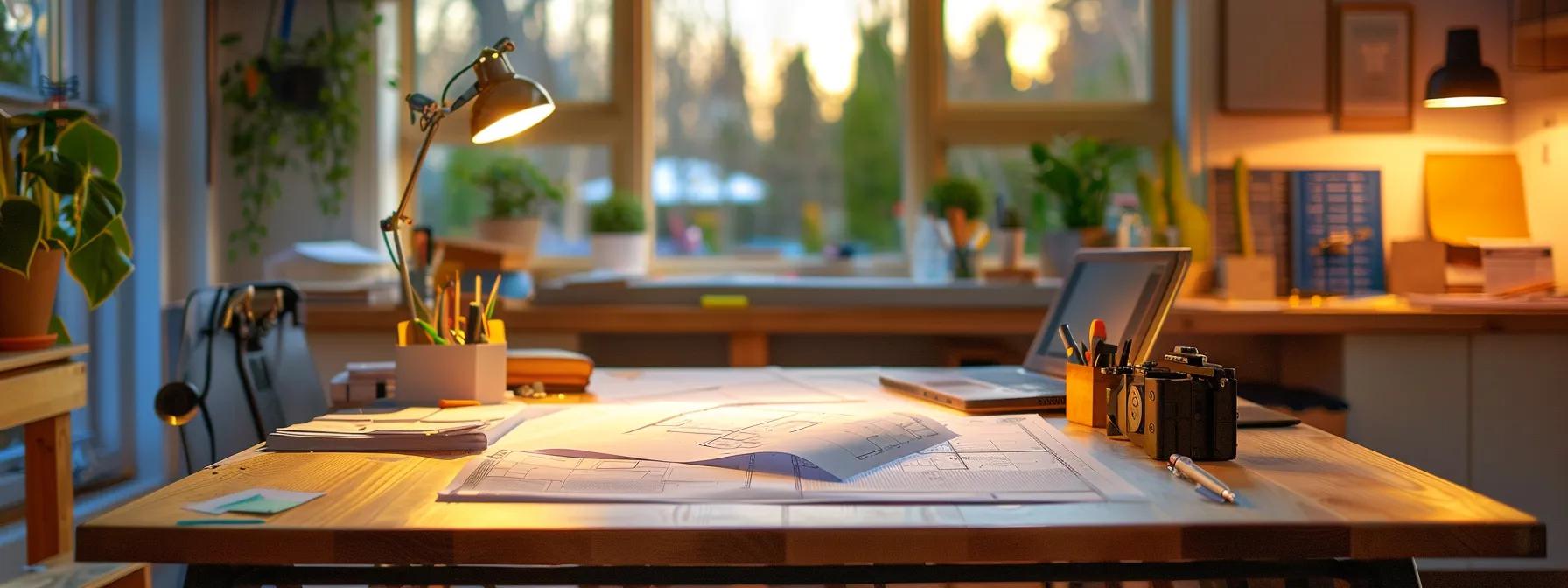 a modern, well-organized home office displays blueprints and material samples for a home addition project, illuminated by warm, focused lighting that highlights a confident homeowner discussing budget planning with a contractor.