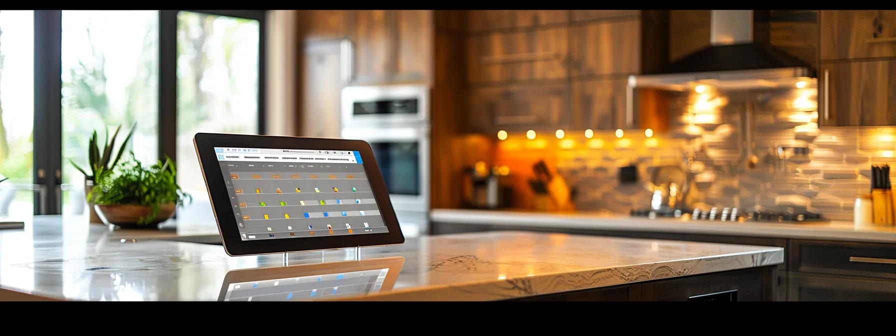 a modern, well-organized kitchen showcases a detailed cost breakdown displayed on a sleek tablet, with stylish yet affordable cabinetry, countertops, and appliances, highlighting effective remodeling strategies in a contemporary urban setting.