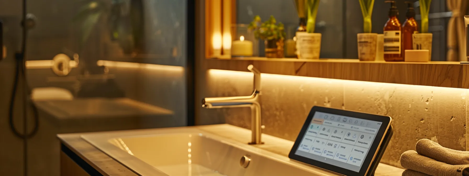 a modern, well-lit bathroom outfitted with stylish eco-friendly fixtures, featuring a sleek countertop displaying customer reviews and product comparisons on a tablet, all set against a backdrop of contemporary design elements.