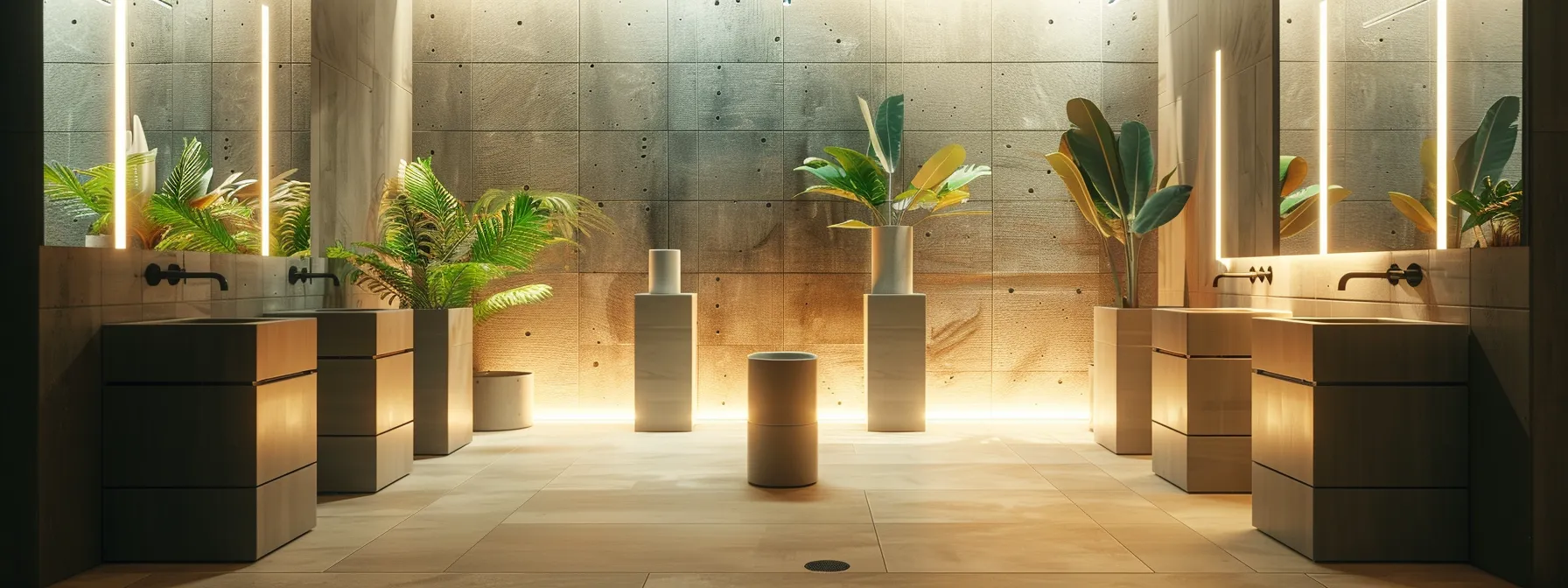 a modern, well-lit bathroom showroom features an array of sleek, eco-friendly fixtures prominently displayed on stylish pedestals, showcasing sustainable materials like recycled components and low-carbon designs against a minimalist backdrop.