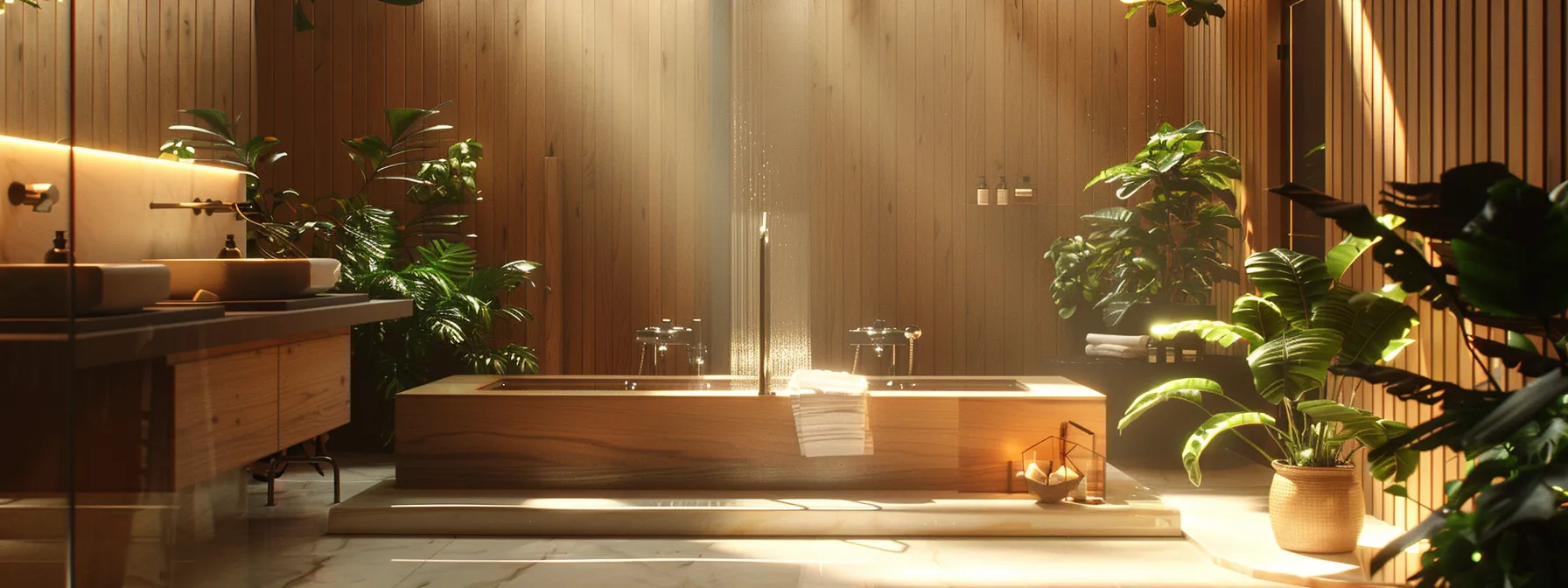 a sleek, modern bathroom features eco-friendly fixtures like low-flow faucets and energy-efficient lighting, showcasing a stylish design that prioritizes sustainability and aesthetic appeal in an elegant, urban setting.