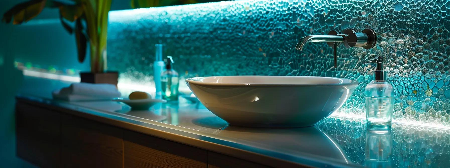 a sleek, modern bathroom featuring elegant fixtures and vibrant, recycled glass accents in the countertops and tiles, showcasing the innovative beauty and sustainability of this material.