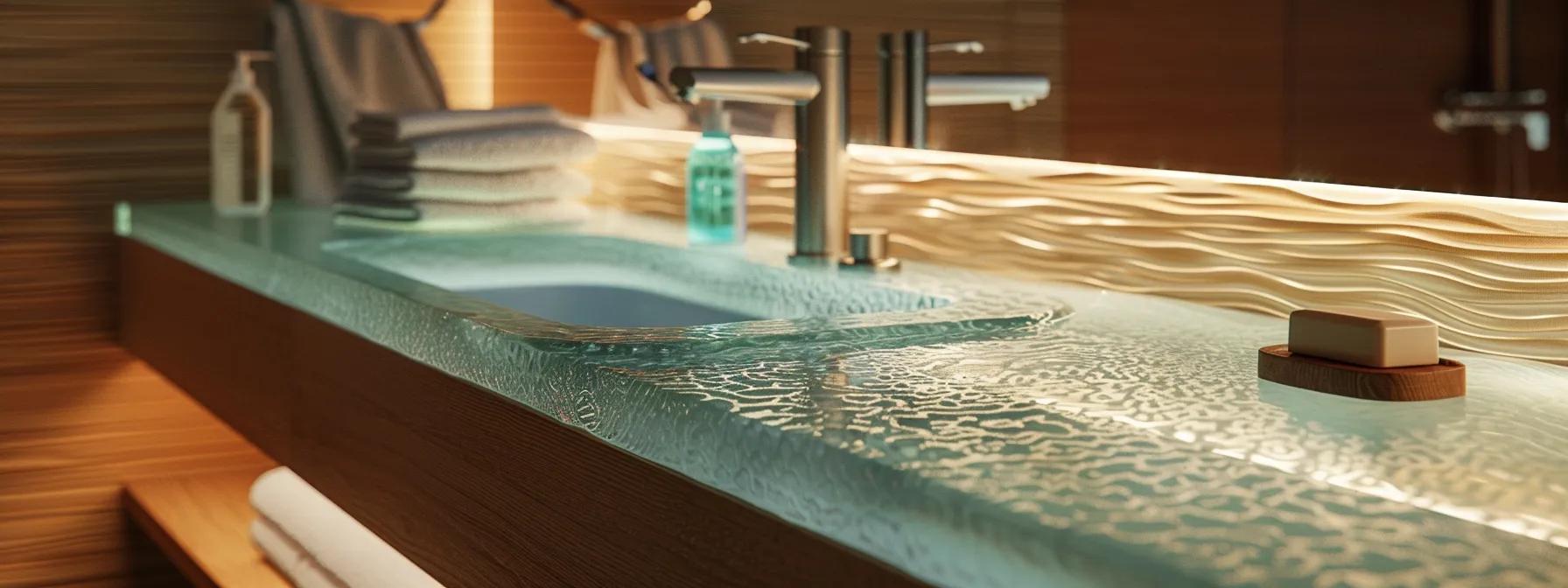 a sleek, modern bathroom featuring a stunning recycled glass countertop, illuminated by soft ambient lighting that highlights its glossy surface and showcases meticulously arranged cleaning supplies beside it, emphasizing the theme of maintenance and care.