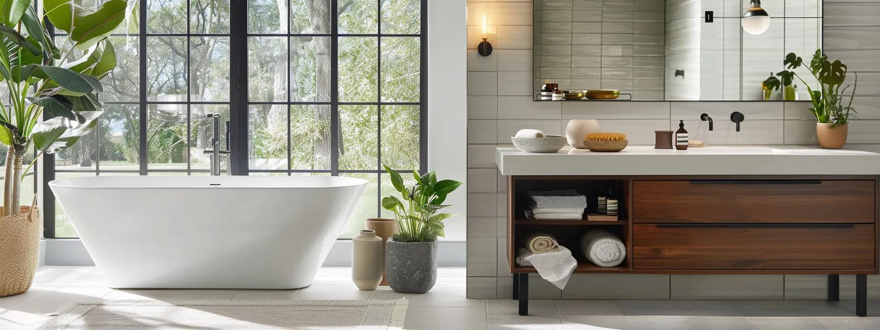 a sleek, modern bathroom showcasing sustainable renovation elements, featuring recycled materials, energy-efficient fixtures, and a stylish design that highlights eco-conscious living.