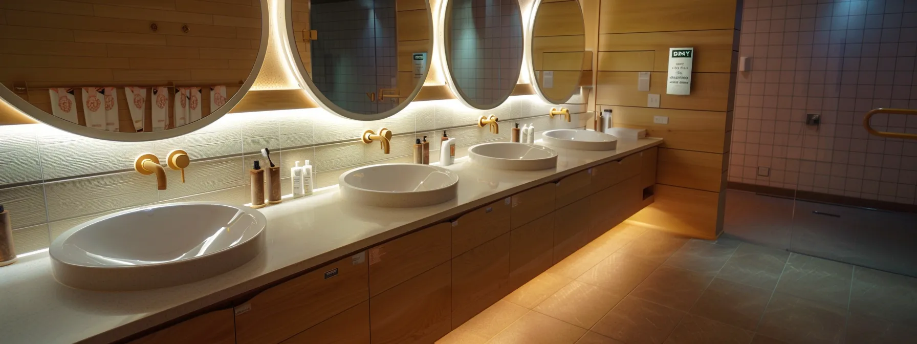 a sleek, modern bathroom showcases eco-friendly fixtures adorned with prominent certification labels, bathed in soft, ambient lighting to emphasize their design and sustainability credentials.