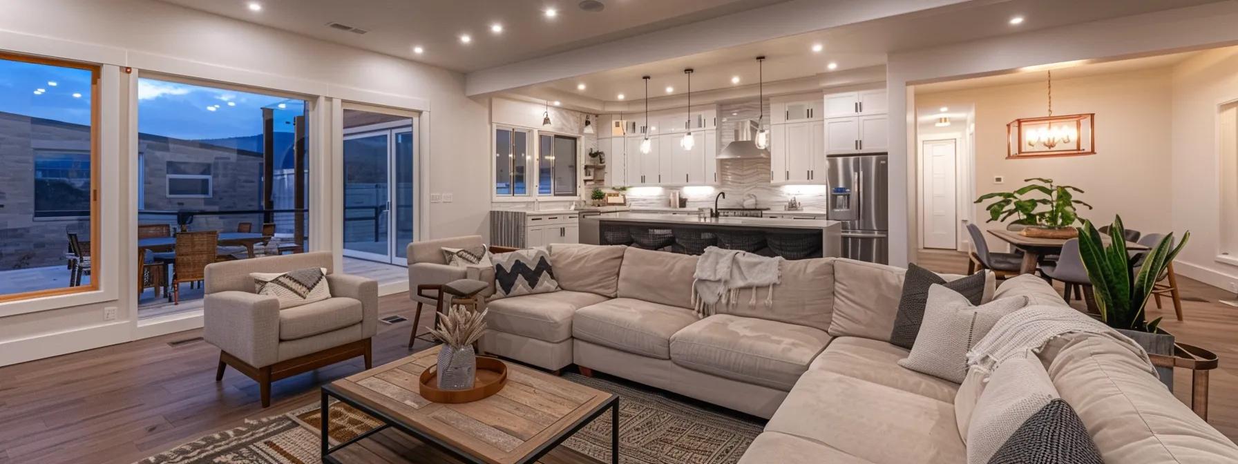 a sleek, modern home interior showcasing a thoughtfully designed open-concept space featuring a seamless blend of a functional kitchen and inviting living area, illuminated by warm, ambient lighting.