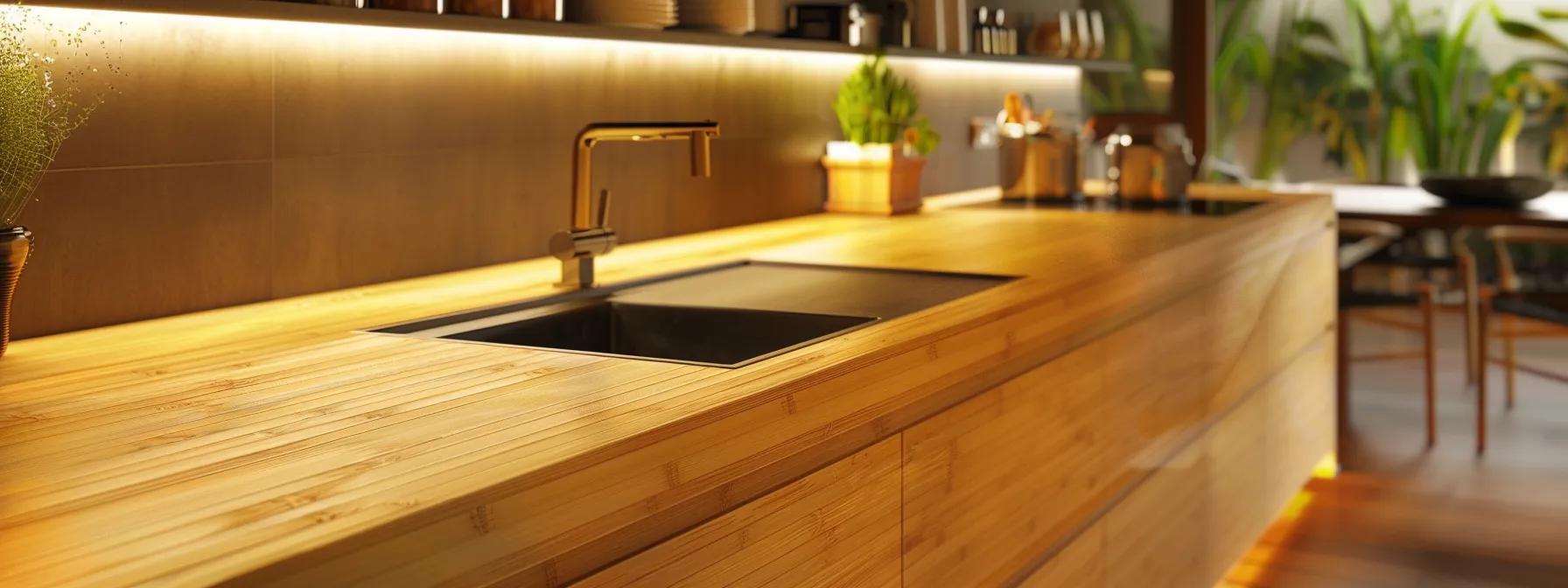 a sleek, modern kitchen showcases eco-friendly countertops made from renewable bamboo and reclaimed wood, bathed in warm, ambient light that highlights the harmonious blend of sustainability and contemporary design.