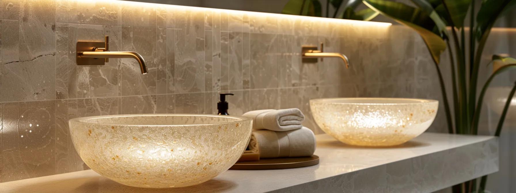 a sophisticated bathroom interior showcases elegant design elements crafted from recycled glass, featuring a sleek mosaic backsplash and striking vessel sinks that highlight sustainability without compromising on luxury.