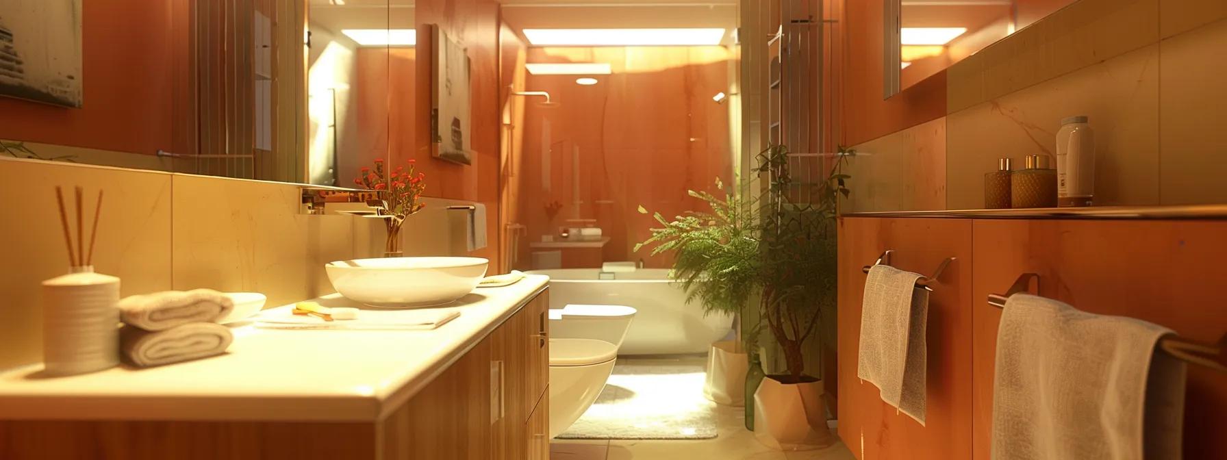 a stylishly modern small bathroom design showcases clever color choices and minimalist decor, featuring a strategically placed mirror that amplifies light and space, creating an inviting and spacious atmosphere.